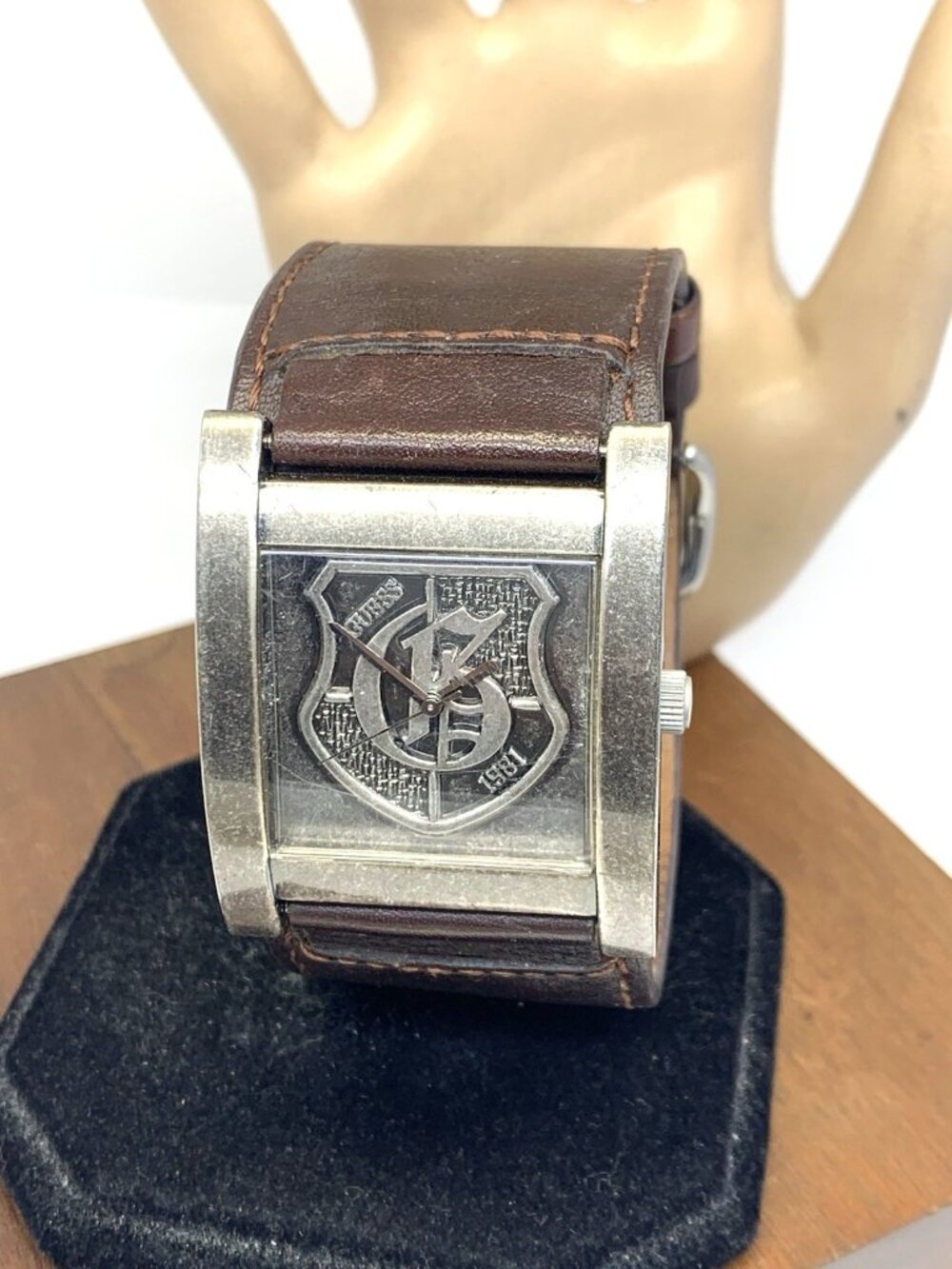 Guess 1981 Men's Watch W90026G1 Quartz Rectangular Wide Brown Leather Strap 38mm